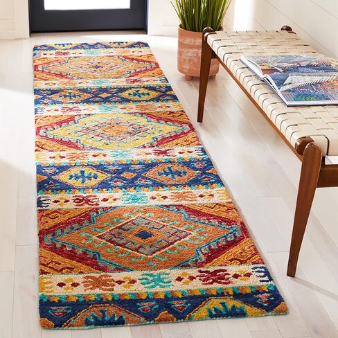 سجادة SAFAVIEH Aspen Collection Runner - 2'3" x 13'، أزرق داكن وعاجي، صوف قبلي بوهو مصنوع يدويًا، مثالي للمناطق ذات حركة المرور العالية في غرفة المعيشة وغرفة النوم (APN502A) in Saudi Arabia