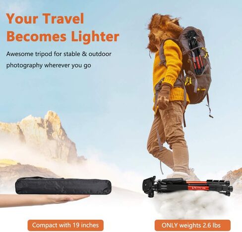 حامل ثلاثي من الألومنيوم مقاس 65 بوصة من Victiv للكاميرا، حامل ثلاثي للهاتف مدمج وخفيف الوزن يحمل ما يصل إلى 8.8 رطل بالإضافة إلى حامل الهاتف ولوحة تحرير سريعة إضافية للسفر والعمل in Kuwait