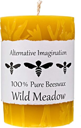 Alternative Imagination 100% Pure Beeswax Pillar Candle, White Ivory (3x4 Inch), 40 Hour, Wild Meadow Design, Hand-Poured in Saudi Arabia