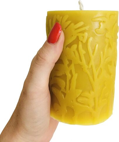 Alternative Imagination 100% Pure Beeswax Pillar Candle, White Ivory (3x4 Inch), 40 Hour, Wild Meadow Design, Hand-Poured in Saudi Arabia