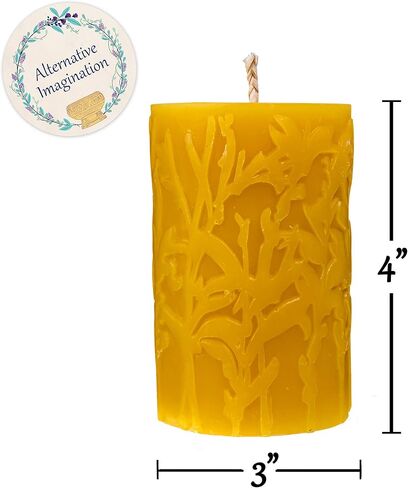 Alternative Imagination 100% Pure Beeswax Pillar Candle, White Ivory (3x4 Inch), 40 Hour, Wild Meadow Design, Hand-Poured in Saudi Arabia