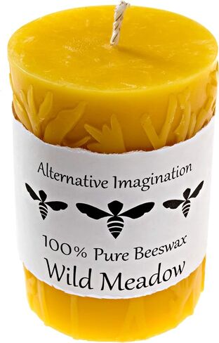 Alternative Imagination 100% Pure Beeswax Pillar Candle, White Ivory (3x4 Inch), 40 Hour, Wild Meadow Design, Hand-Poured in Saudi Arabia
