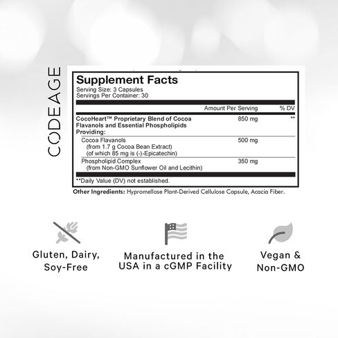 مكمل Codeage Liposomal Cocoa Flavanols - فلافانول الكاكاو - فلافونويد الإبيكاتشين - تركيبة CocoHeart عالية الفلافانول - حبوب الكاكاو المضادة للأكسدة ودعم صحة القلب - نباتي، غير معدل وراثيًا - 90 كبسولة in Kuwait