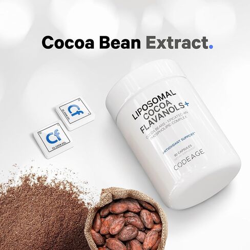 مكمل Codeage Liposomal Cocoa Flavanols - فلافانول الكاكاو - فلافونويد الإبيكاتشين - تركيبة CocoHeart عالية الفلافانول - حبوب الكاكاو المضادة للأكسدة ودعم صحة القلب - نباتي، غير معدل وراثيًا - 90 كبسولة in Kuwait