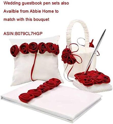 باقة زفاف العروس مقاس 8 بوصات من Abbie Home - ورود من الساتان مع إكسسوارات دبابيس من حجر الراين واللؤلؤ (وردي أحمر الخدود وأبيض كريمي) in Saudi Arabia