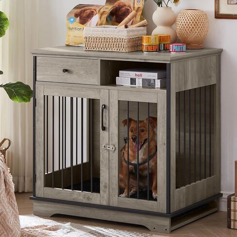 Lostcat Furniture Dog Crate,Dog Crate Furniture with Drawer,Pet Kennels with Double Doors,32in Decorative Wooden kennels,Easy Installation,for Small Medium Dogs (Grey) in Kuwait