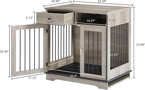 Lostcat Furniture Dog Crate,Dog Crate Furniture with Drawer,Pet Kennels with Double Doors,32in Decorative Wooden kennels,Easy Installation,for Small Medium Dogs (Grey) in Kuwait