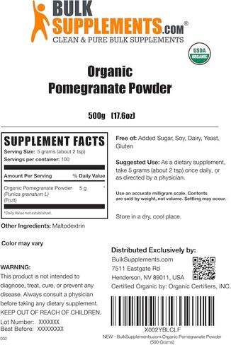 BULKSUPPLEMENTS.COM مسحوق الرمان العضوي - مكمل الرمان لدعم المناعة، مسحوق الرمان العضوي - عضوي، خالي من الغلوتين، وبدون إضافة سكر، 5 جرام لكل وجبة، 250 جرام (8.8 أونصة) in Kuwait