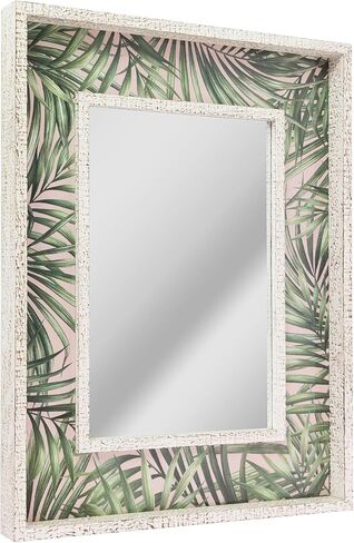 Head West Tropical Leaves Print Distressed White Raised Lip Double Framed Accent Mirror,Green/Whitewash,23 x 29,371824WEB in Kuwait