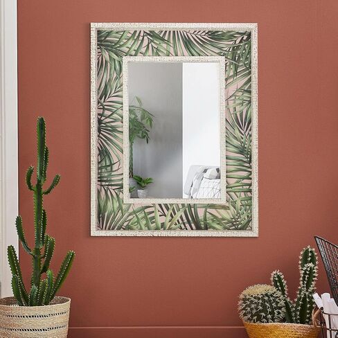 Head West Tropical Leaves Print Distressed White Raised Lip Double Framed Accent Mirror,Green/Whitewash,23 x 29,371824WEB in Kuwait