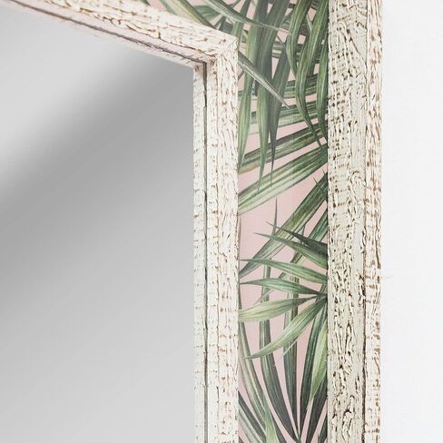 Head West Tropical Leaves Print Distressed White Raised Lip Double Framed Accent Mirror,Green/Whitewash,23 x 29,371824WEB in Kuwait