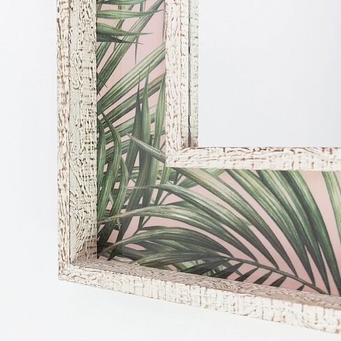 Head West Tropical Leaves Print Distressed White Raised Lip Double Framed Accent Mirror,Green/Whitewash,23 x 29,371824WEB in Kuwait