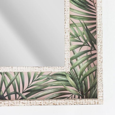 Head West Tropical Leaves Print Distressed White Raised Lip Double Framed Accent Mirror,Green/Whitewash,23 x 29,371824WEB in Kuwait