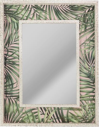 Head West Tropical Leaves Print Distressed White Raised Lip Double Framed Accent Mirror,Green/Whitewash,23 x 29,371824WEB in Kuwait