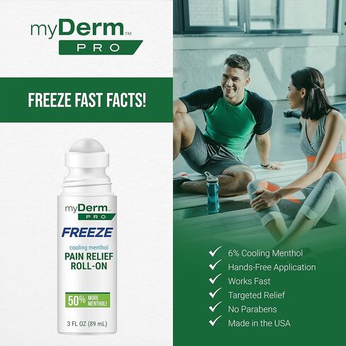 Myderm PRO Freeze Roll-On، 3 أونصة سائلة - قوة إضافية 6٪ مينثول - أسطوانة ICY للمرفقين والمفاصل والعضلات - دعم موضعي بدون استخدام اليدين - صنع في الولايات المتحدة الأمريكية in Kuwait