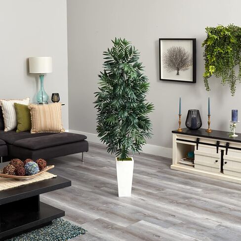Nearly Natural 5’ Bamboo Palm White Planter Artificial Plant, Green in Saudi Arabia
