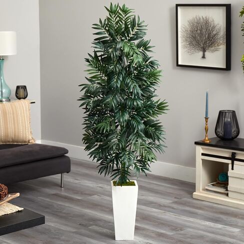 Nearly Natural 5’ Bamboo Palm White Planter Artificial Plant, Green in Saudi Arabia