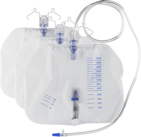 حقيبة تصريف البول من AMZ Medical Supply 2000 مل، 67.6 أونصة، عبوة من 3 أكياس قسطرة بول شفافة للرجال والنساء، أكياس بول PVC للاستعمال مرة واحدة للقسطرة مع أنبوب تصريف 48 بوصة، غرفة مضادة للارتجاع، مشبك in Kuwait