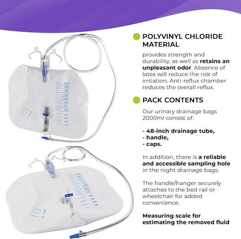 حقيبة تصريف البول من AMZ Medical Supply 2000 مل، 67.6 أونصة، عبوة من 3 أكياس قسطرة بول شفافة للرجال والنساء، أكياس بول PVC للاستعمال مرة واحدة للقسطرة مع أنبوب تصريف 48 بوصة، غرفة مضادة للارتجاع، مشبك in Kuwait