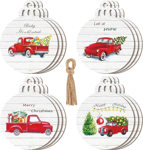 Christmas Red Truck Tree Ornaments Buffalo Plaid Round Wooden Slice Hanging Ornaments Farmhouse Christmas Decorations for Family Holiday Xmas Party Decorations Supplies (Retro, 12 Pieces) in Saudi Arabia