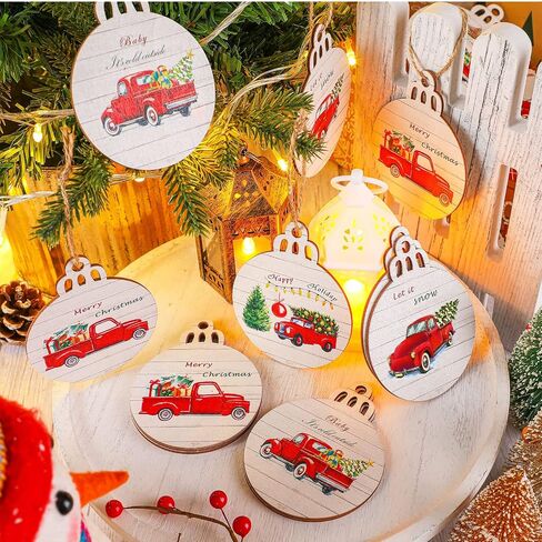 Christmas Red Truck Tree Ornaments Buffalo Plaid Round Wooden Slice Hanging Ornaments Farmhouse Christmas Decorations for Family Holiday Xmas Party Decorations Supplies (Retro, 12 Pieces) in Saudi Arabia