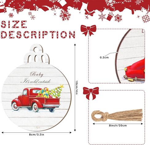 Christmas Red Truck Tree Ornaments Buffalo Plaid Round Wooden Slice Hanging Ornaments Farmhouse Christmas Decorations for Family Holiday Xmas Party Decorations Supplies (Retro, 12 Pieces) in Saudi Arabia