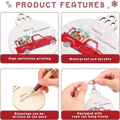 Christmas Red Truck Tree Ornaments Buffalo Plaid Round Wooden Slice Hanging Ornaments Farmhouse Christmas Decorations for Family Holiday Xmas Party Decorations Supplies (Retro, 12 Pieces) in Saudi Arabia