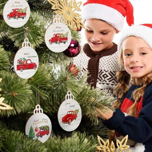 Christmas Red Truck Tree Ornaments Buffalo Plaid Round Wooden Slice Hanging Ornaments Farmhouse Christmas Decorations for Family Holiday Xmas Party Decorations Supplies (Retro, 12 Pieces) in Saudi Arabia