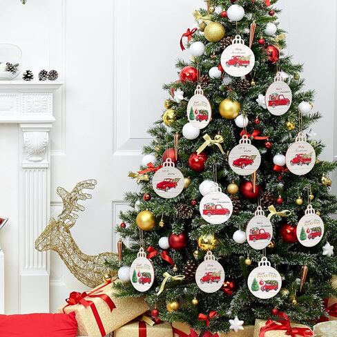 Christmas Red Truck Tree Ornaments Buffalo Plaid Round Wooden Slice Hanging Ornaments Farmhouse Christmas Decorations for Family Holiday Xmas Party Decorations Supplies (Retro, 12 Pieces) in Saudi Arabia