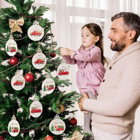 Christmas Red Truck Tree Ornaments Buffalo Plaid Round Wooden Slice Hanging Ornaments Farmhouse Christmas Decorations for Family Holiday Xmas Party Decorations Supplies (Retro, 12 Pieces) in Saudi Arabia