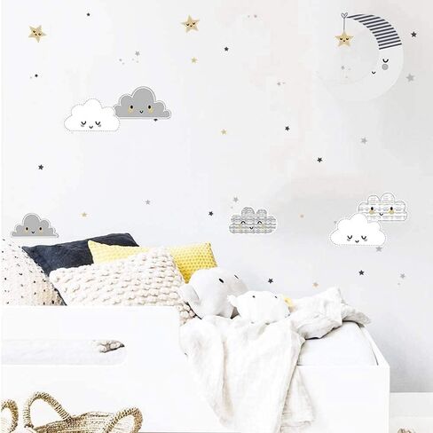 ملصقات جدارية على شكل قمر ونجوم وسحاب، ملصقات حائط لطيفة على شكل سحاب قابلة للإزالة، ورق جدران على شكل نجمة قمر كرتونية، ديكور جداري لحضانة Good Night DIY للأطفال الأولاد والبنات وغرفة نوم الأطفال (وجه مبتسم) in Kuwait
