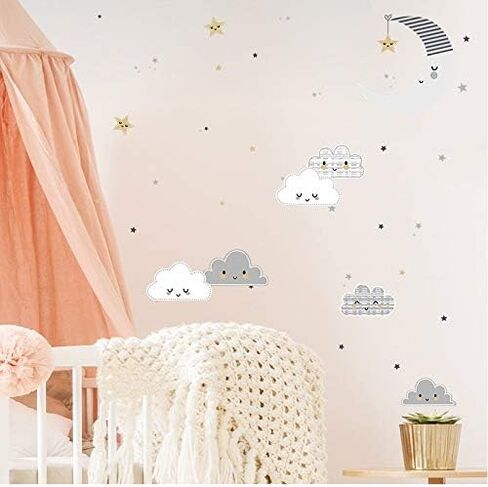 ملصقات جدارية على شكل قمر ونجوم وسحاب، ملصقات حائط لطيفة على شكل سحاب قابلة للإزالة، ورق جدران على شكل نجمة قمر كرتونية، ديكور جداري لحضانة Good Night DIY للأطفال الأولاد والبنات وغرفة نوم الأطفال (وجه مبتسم) in Kuwait