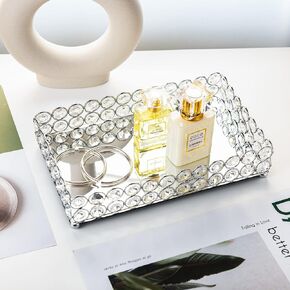 Feyarl 10 Inch Crystal Cosmetic Perfume Tray Vanity Makeup Jewelry Trinket Organizer Mirrored Decorative Tray Storage Home Deco Wedding Dresser Birthday Gift (Gold)