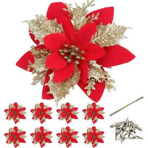 EFIVS ARTS 8 قطع من زهور البونسيتة الاصطناعية لعيد الميلاد مع مشابك وسيقان زينة شجرة عيد الميلاد اللامعة لإكليل عيد الميلاد والزفاف، وتزيين المطعم (الذهب الأحمر) in Kuwait