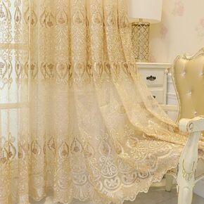 Amidoudou 1 Pair European Jacquard Sheer Curtains Embroidered Tulle Curtains Living Room Bedroom Luxury Translucent Curtains (Gold,51x84 Inch) in Kuwait