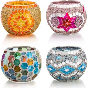 Okllen 4 Pack Glass Votive Candle Holders, Mosaic Tealight Bowls Round Decorative Candle Holder, Handmade Romantic LED Candle Lamps Holder for Home, Table, Party, Wedding Decor, 4 Styles in Saudi Arabia