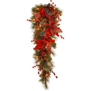 National Tree Company Pre-Lit Artificial Christmas Wreath, Green, Tartan Plaid, White Lights, Decorated with Frosted Branches, Pine Cones, Berry Clusters, Flowers, Christmas Collection, 30 Inches