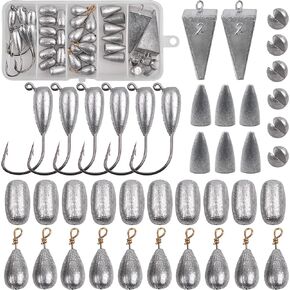 Fishing Sinkers Weights Kit, Egg Weights Pyramid Sinkers Drop Bass Weights Split Shot Weights Jig Weighted Hooks Assortment Catfishing Equipment wirh Fishing Tackle Box for Freshwater Saltwater
