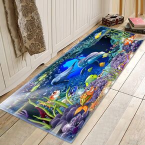 Underwater World Dolphin Print 17MM Thick Memory Foam Bathroom Carpet and Door Mat Non-Slip Absorbent Super Bath Mats Comfortable Flannel Bathroom Carpet Bed Rug 24 X 16 Inches