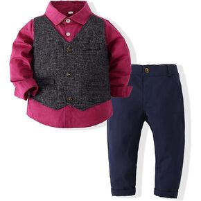 Xingwu Textitle Baby Boys' 3-Piece Fake Vest Set with Dress Shirt, Vest, Pants, and Tie（The Vest is not Removable）