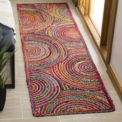 SAFAVIEH Cape Cod Collection Area Rug - 9' x 12', Red & Multi, Handmade Boho Braided Circles Jute & Cotton, Ideal for High Traffic Areas in Living Room, Bedroom (CAP203A) in Saudi Arabia