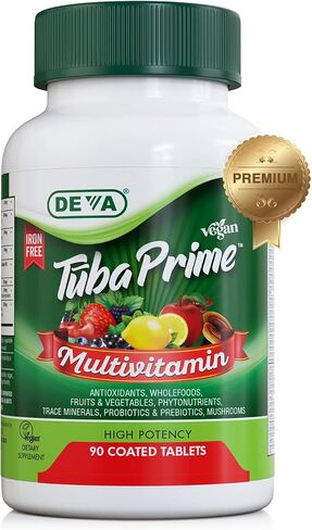 DEVA Tuba Prime Vegan Multivitamin Iron-Free High-Potency Vitamin & Mineral Dietary Supplement Antioxidants, Fruit & Veg Blend, Super Mushrooms, Probiotics, Prebiotics, Seeds, Herbs 90 Tabs 2-Pack in Kuwait