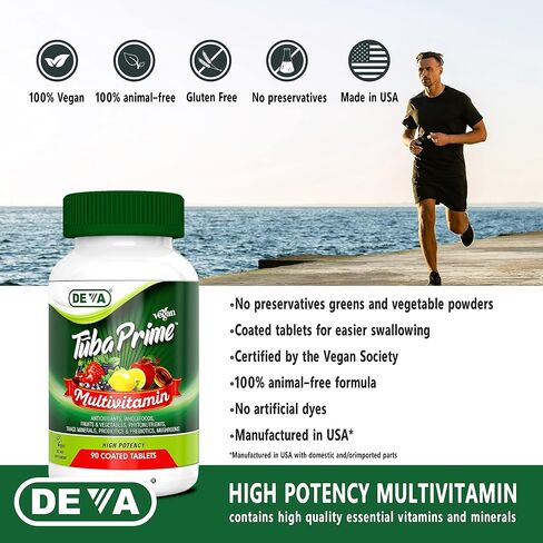 DEVA Tuba Prime Vegan Multivitamin Iron-Free High-Potency Vitamin & Mineral Dietary Supplement Antioxidants, Fruit & Veg Blend, Super Mushrooms, Probiotics, Prebiotics, Seeds, Herbs 90 Tabs 2-Pack in Kuwait