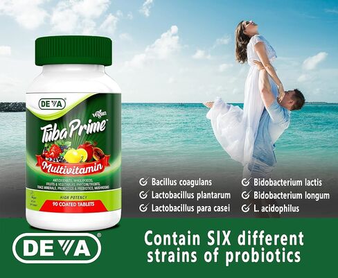 DEVA Tuba Prime Vegan Multivitamin Iron-Free High-Potency Vitamin & Mineral Dietary Supplement Antioxidants, Fruit & Veg Blend, Super Mushrooms, Probiotics, Prebiotics, Seeds, Herbs 90 Tabs 2-Pack in Kuwait
