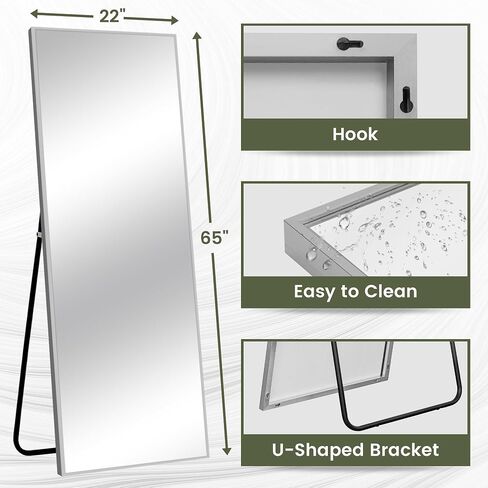 NeuType Full Length Mirror Standing Hanging or Leaning Against Wall, Large Rectangle Floor Mirror Dressing Mirror Wall-Mounted Mirror, Aluminum Alloy Thin Frame, Flash Grey Silver, 65"x22" in Saudi Arabia