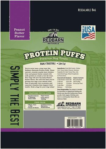 Redbarn Protein Puffs for Dogs | A Human-Grade High-Protein Training Treat or Food Topper | Made in The USA (Peanut Butter, Pack of 3) in Saudi Arabia