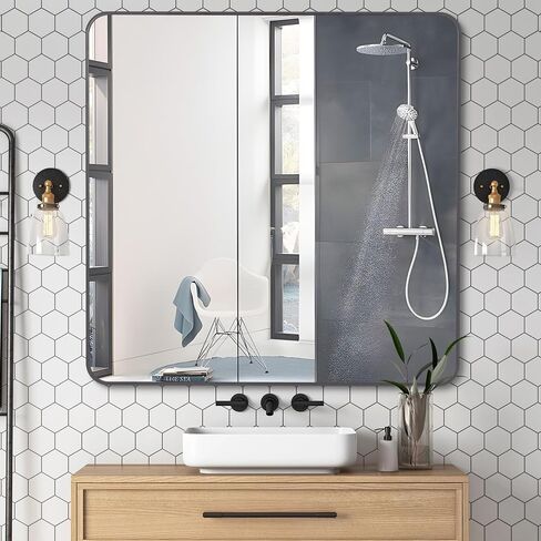 DESBING 18x24 inch Black Bathroom Mirror,Bevelled Edge Black Mirror with Ribbed Texture-Modern Rectangle Bathroom Wall Mirror for Vanity, Tempered Glass,Hangs Horizontally or Vertically in Saudi Arabia