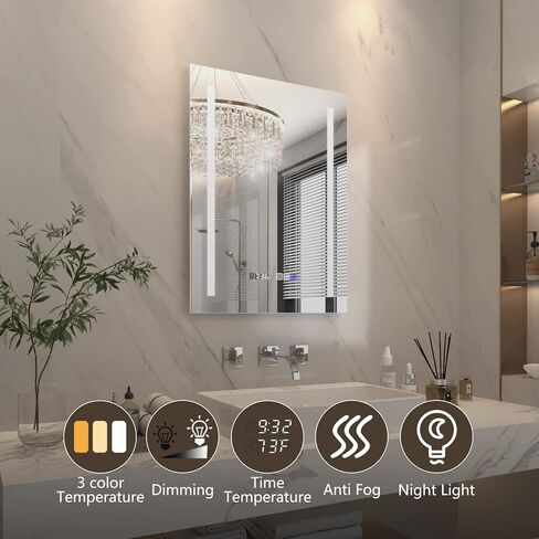 مرآة حائط للحمام بإضاءة LED مقاس 32 × 24 بوصة من ExBrite، مضادة للضباب، قابلة للتعتيم، الوقت ودرجة الحرارة، ضوء ليلي، لون قابل للتعديل، 90+ CRI، مقاومة للماء IP44، مثبتة على الحائط in Kuwait