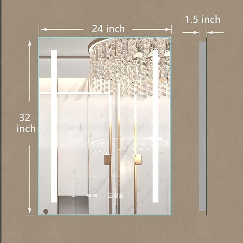 مرآة حائط للحمام بإضاءة LED مقاس 32 × 24 بوصة من ExBrite، مضادة للضباب، قابلة للتعتيم، الوقت ودرجة الحرارة، ضوء ليلي، لون قابل للتعديل، 90+ CRI، مقاومة للماء IP44، مثبتة على الحائط in Kuwait