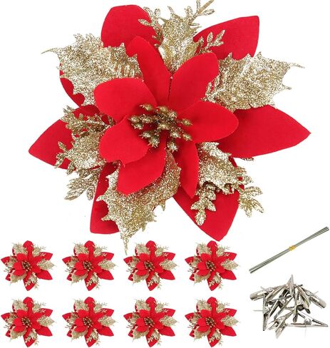 EFIVS ARTS 8 قطع من زهور البونسيتة الاصطناعية لعيد الميلاد مع مشابك وسيقان زينة شجرة عيد الميلاد اللامعة لإكليل عيد الميلاد والزفاف، وتزيين المطعم (الذهب الأحمر) in Kuwait
